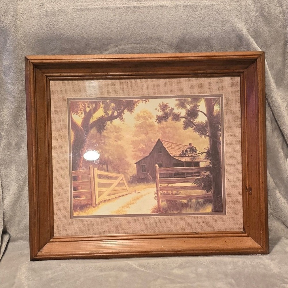 Vintage Framed Rural Landscape Print Rustic Barn Wood Fence Country Home Decor
